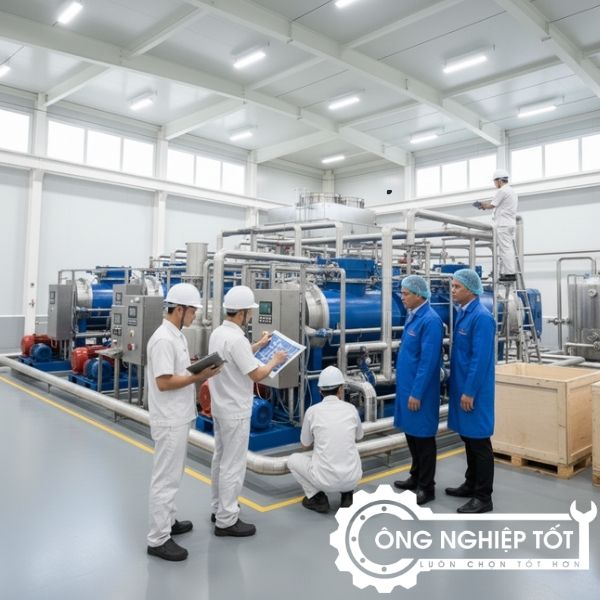 Kỹ sư Công Nghiệp Tốt lắp đặt hệ thống chiller giải nhiệt nước tại xưởng chế biến